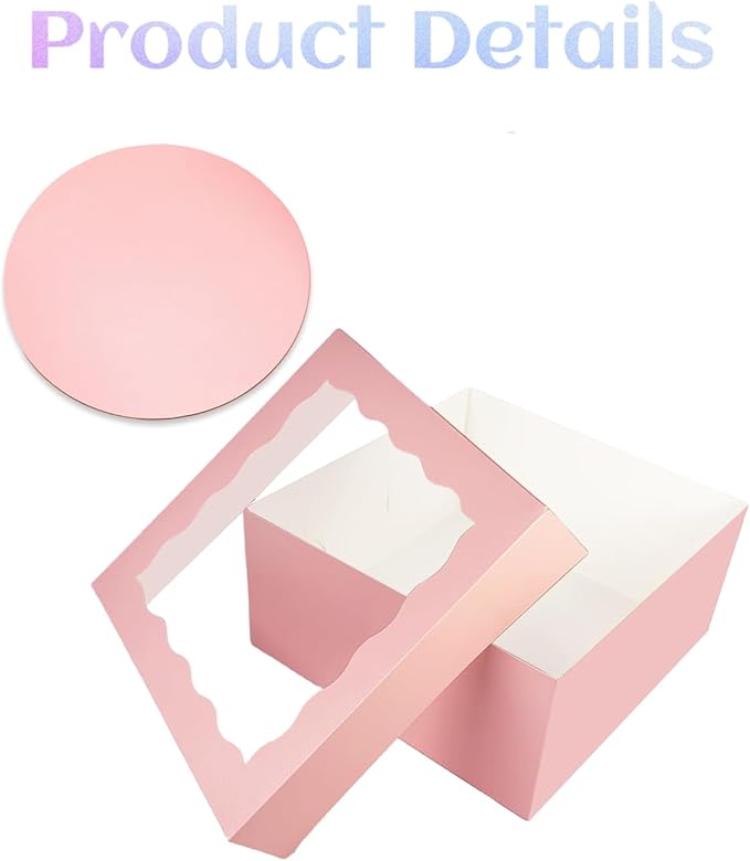 qiqee Pink 10x10x8 Cake Box, 18 Sets Cake Box with Window ＆ 18 Sets 10" Cake Round Boards, 10inch Cake Containers, 10 Meters Pink Silk Ribbon Includes