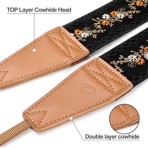 Padwa Lifestyle Camera Strap - 2" Full Grain Leather Ends Camera Straps for Photographers, Vintage Embroidered Cotton Weav...