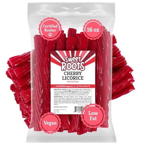 Sweet Roots Cherry Licorice Twists - 1 Bag (16 oz) - Jumbo Size Licorice Sticks | Made with Real Fruit Juice Concentrate | Vegan