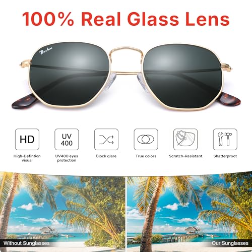 Pro Acme Small Square Sunglasses for Women Men 100% Real Glass Lens Hexagonal Frame