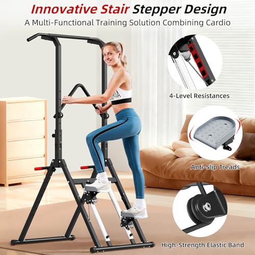 Nimsqury Pull Up Bar Free Standing with Stair Stepper, Adjustable Power Tower Dip Station, Multi-functional Strength Train...