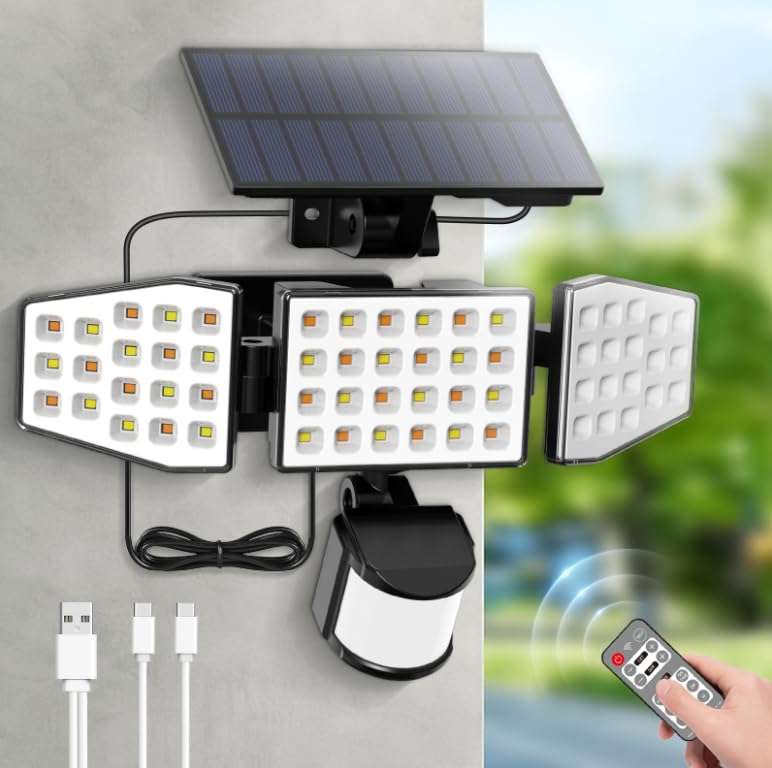 ALUSSO Solar Lights Outdoor, 3 Heads Motion Sensor, Dimmable 3000-6500K, IP54 Waterproof, Remote Control, Black, Model OT05