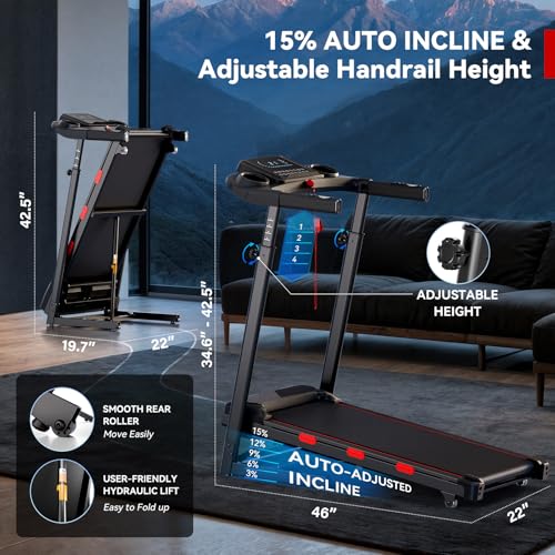 8.7MPH Treadmills for Home, 0%-15% Incline Walking Pad Treadmill with Auto-Folding, 3.5HP Wide Running Area Supports Up to...