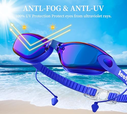LEEIGGT Swim Goggles Set with No Leak Anti-Fog & Anti-UV Swimming Goggles Nose Clip, Swim Cap and Case for Men Women Adult