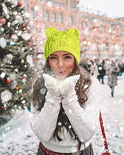 v28 Women Men Girls Boys Teens Cute Cat Ear Knit Cable Rib Hat Cap Beanie (Citron)