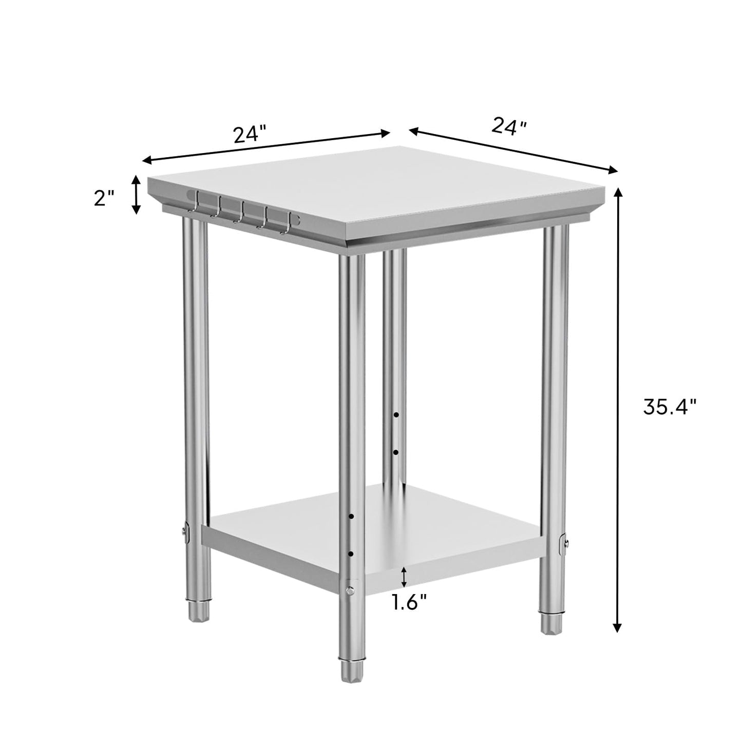 ROVSUN 24 X 24 Inch Stainless Steel Table,Commerical Prep Table for Work, Heavy Duty Metal Table with Hooks & Adjustable UnderShelf for Home Kitchen Restaurant Garage Warehouse Outdoor