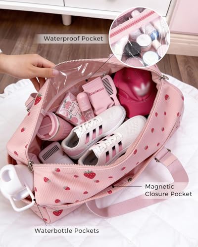 Hihealer Strawberry Gym Bag for Women & Girls, Corduroy Yoga Mat Bag with Holder, Large Capacity Dance Duffel Bag for Pila...
