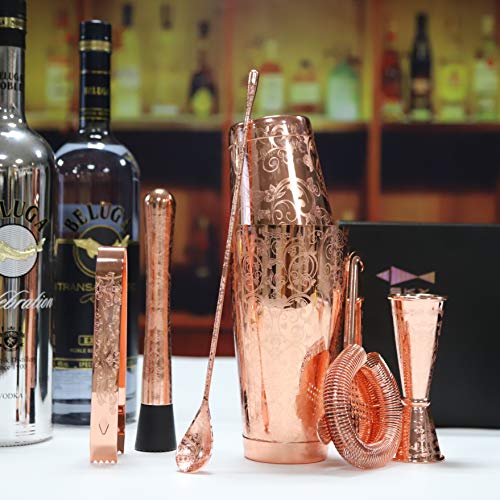 SKY FISH Bartender Kit Cocktail Shaker Set-6 Pieces Stainless Steel Copper Plated Etching Bar Tools with Boston Shaker Tin...
