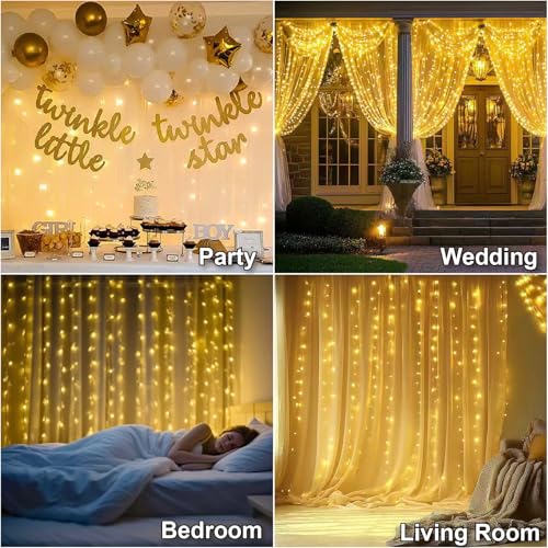 SINAMER Warm White Curtain Light for Bedroom, 300 LED 9.8ft x 9.8ft Window Fairy Curtain String Light with 16 Hooks, 8 Mod...