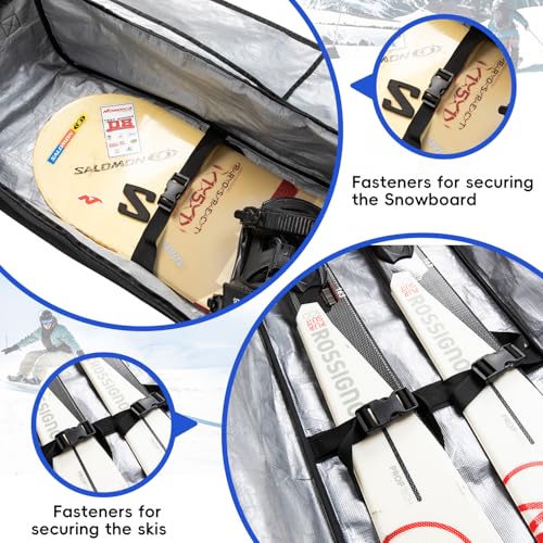 Kioqiear Rolling Ski Bag with Wheels for Air Travel,Padded Double Ski Bag to Hold 2 Pairs of Skis up to 175 or 190 cm.