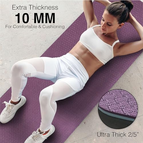 Feetlu Extra Thick Exercise Yoga Mat with Strap - 2/5 Inch (10MM), Non-Slip Workout Mat for Yoga, Pilates, and Floor Exerc...