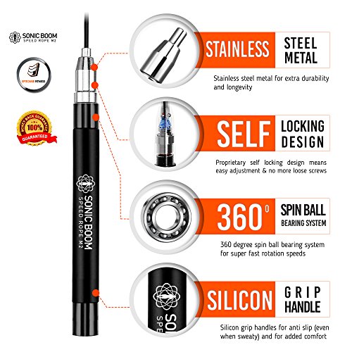 Epitomie Fitness Sonic Boom M2 High Speed Jump Rope - Patent Pending Self-Locking, Screw-Free Design – Weighted, 360 Degre...
