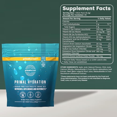 Primal Harvest Electrolytes Powder Packets Primal Hydration, Easy Open Packets, Energy Drink Mix (Lemon Berry, 30 Packs) (...