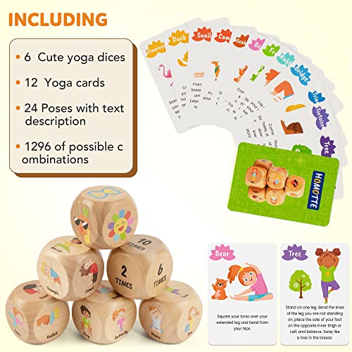 Homotte Wooden Yoga Dice Set for Kids, Fun Workout Game with 6 Exercise Dice, 12 Yoga Cards & A Box, Mindfulness Valentine...