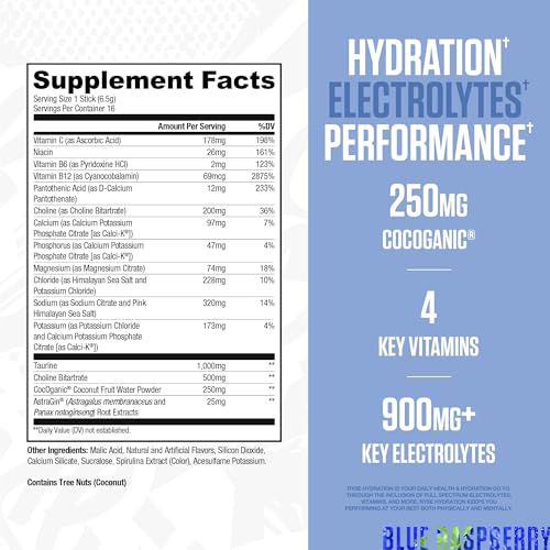 RYSE Hydration Electrolyte Powder Drink Mix Packets - Blue Raspberry - Sugar-Free Full Spectrum Electrolytes with Essentia...