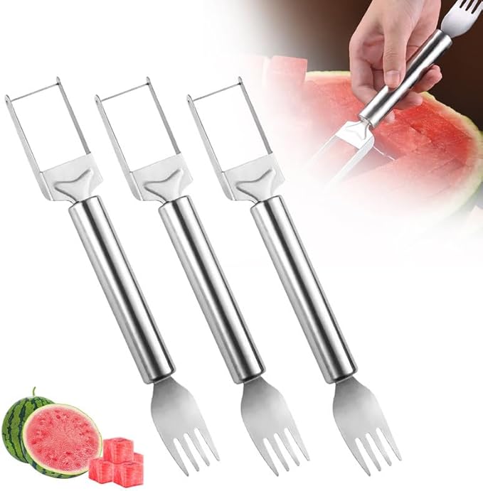 Upgraded 2-in-1 Stainless Steel Fruit Cutter, 2024 New Watermelon Fork Slicer Cutter Slicer Tool, Dual Head Fruit Forks Slicer Knife with Round Handle (3 PCS)