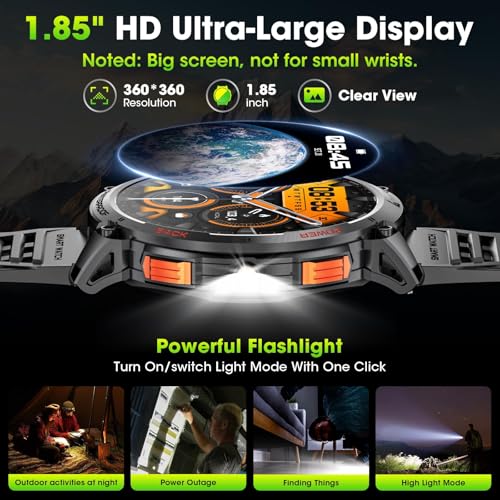 Haulvean Military Smart Watches for Men, 1.85" HD Large Screen Smart Watch, Flashlight/730mAh/110+ Sports Modes Fitness Tr...