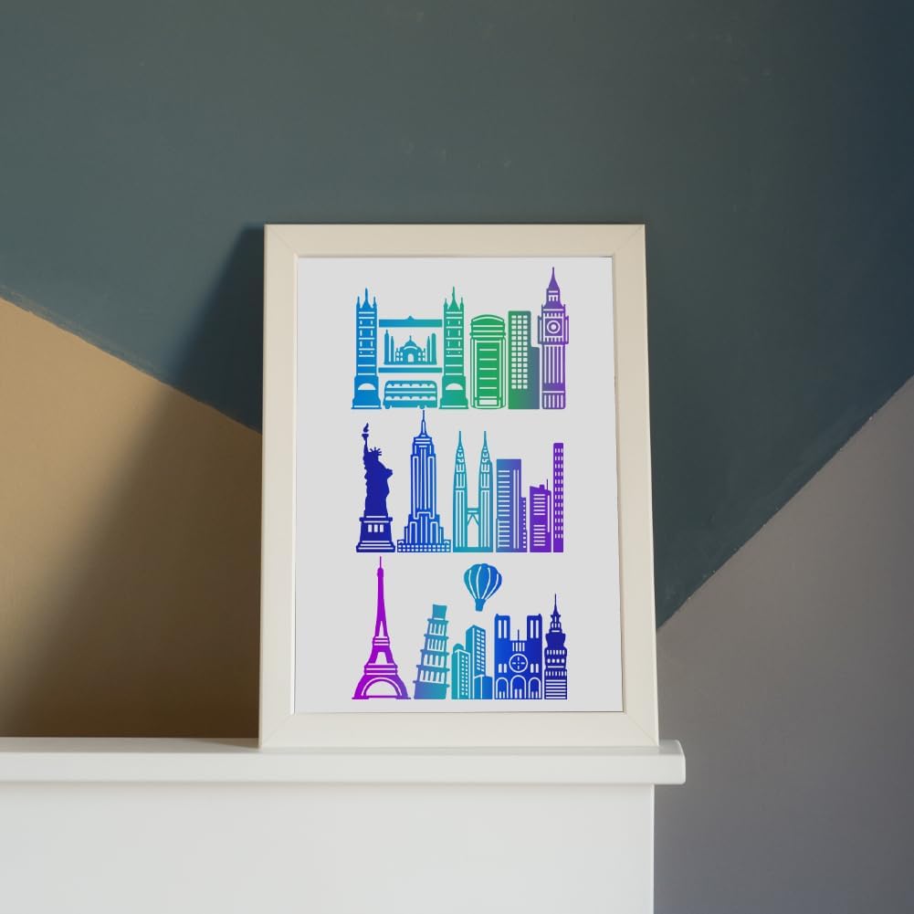 MAYJOYDIY 6pcs Layered City Buildings Stencil 8.3×11.7inch Large City Landmark Building Stencils with Paint Brush Reusable Cityscape Skyline Stencils Template for Wood Canvas Paper Floor Wall