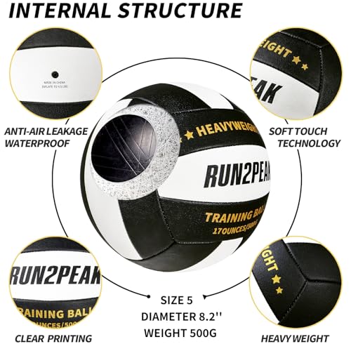 RUN2PEAK Setter Training Volleyball Official Size 5 Volleyballs Heavy Weight Ball PU Practice Volley Balls for Indoor Rebo...