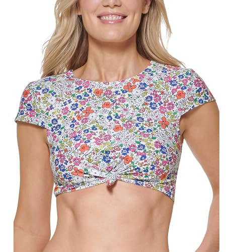 Tommy Hilfiger Women's Knotted Front Cap Sleeves Printed Swim Top