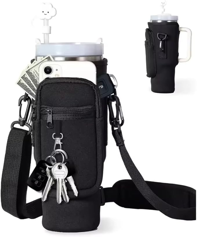 Prime Choice 30oz / 40oz Water Bottle Holder Sleeve Water Bottle Sling Carrier Bag Compatible With 30 40oz Stanley Cup Tumbler and Simple Modern Tumbler (Black)