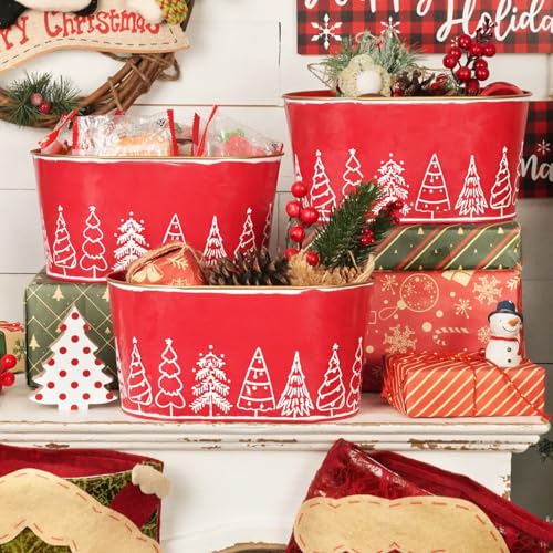 Putuo Decor 4 Packs Christmas Oval Metal Ice Buckets, Christmas Decorations Galvanized Storage Beverage Tubs Tin Bucket Pa...