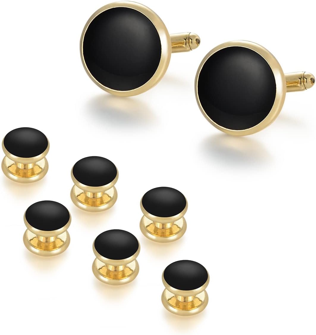 wynameleri Mens Cufflinks and Studs Set Blanks Round 4 Colors Shirt Tuxedo Buttons Packed in Cufflink Box for Business Wedding Jewelry