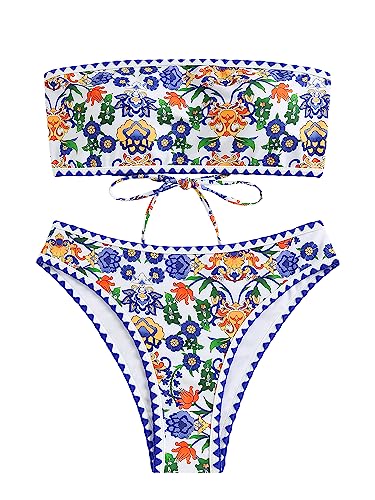 ZAFUL Women Strapless Textured Bandeau Bikini 2 Piece Swimwear Cheeky Solid Lace up Bathing Suits
