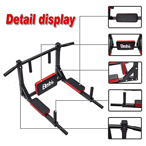 BESTHLS Wall Mounted Pull Up Bar and Dip Station, Heavy Duty Wall Mount Pull-up Chin Up Bar Multifunctional Home Gym Worko...
