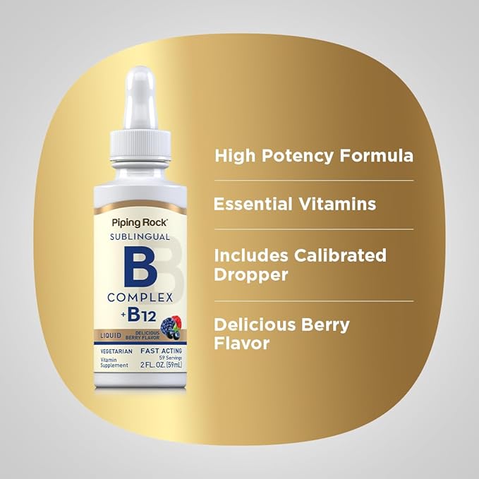 Piping Rock Vitamin B Complex with B12 | Liquid Drops | 1200 mcg 2oz | Sublingual Supplement | Berry Flavor | Vegetarian, Non-GMO, Gluten Free