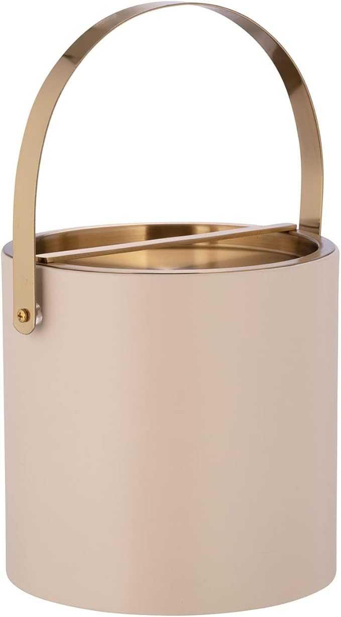 Kraftware SANTA BARBARA 3qt Ice Bucket with Brushed Gold Arch Handle & Bridge Cover: Taupe