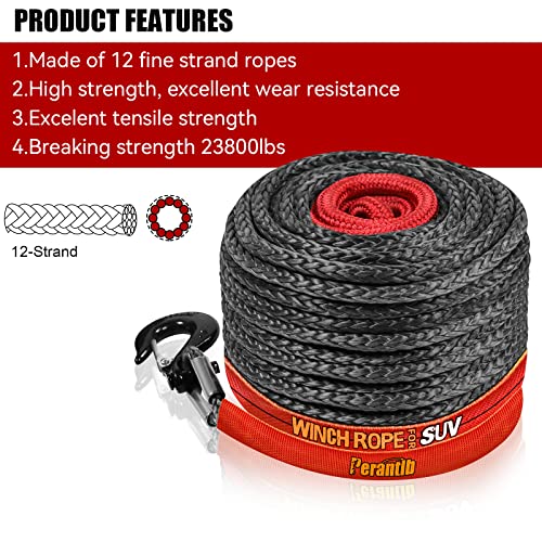 Synthetic Winch Rope 3/8" x 100'-23800 lbs Winch Line with Protective Sleeve,Forged Winch Hook,Safety Pull Strap go for 4W...