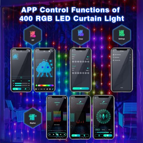 AKEPO Programmable Smart Colorful LED Window Curtain Lights, IP65 400 RGB LED APP Control DIY Text and Pattern Fairy Light...