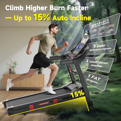 Treadmill with 15% Auto Incline 400lbs Capacity, 5.1HP Folding Treadmill Running Machine for Home with Safety Handle, 0.6-...