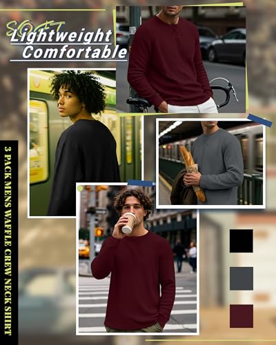 August Alley 3 Pack Men's Waffle Long Sleeve Shirts, Crew Neck Thermal Textured Underwear Tops Lightweight Pullover Sweaters