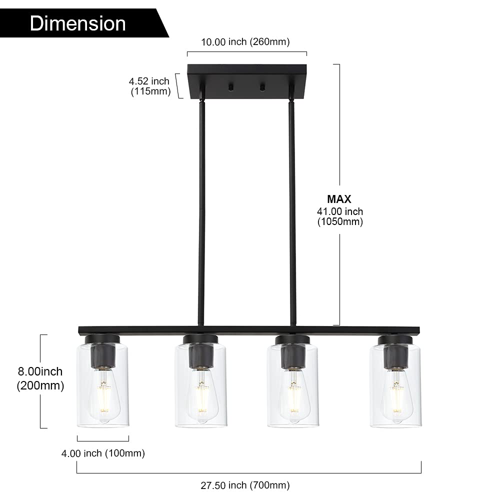 TODOLUZ Black Pendant Light Fixture, 4-Lights Clear Glass Shades, Ideal for Kitchen Island or Dining Room