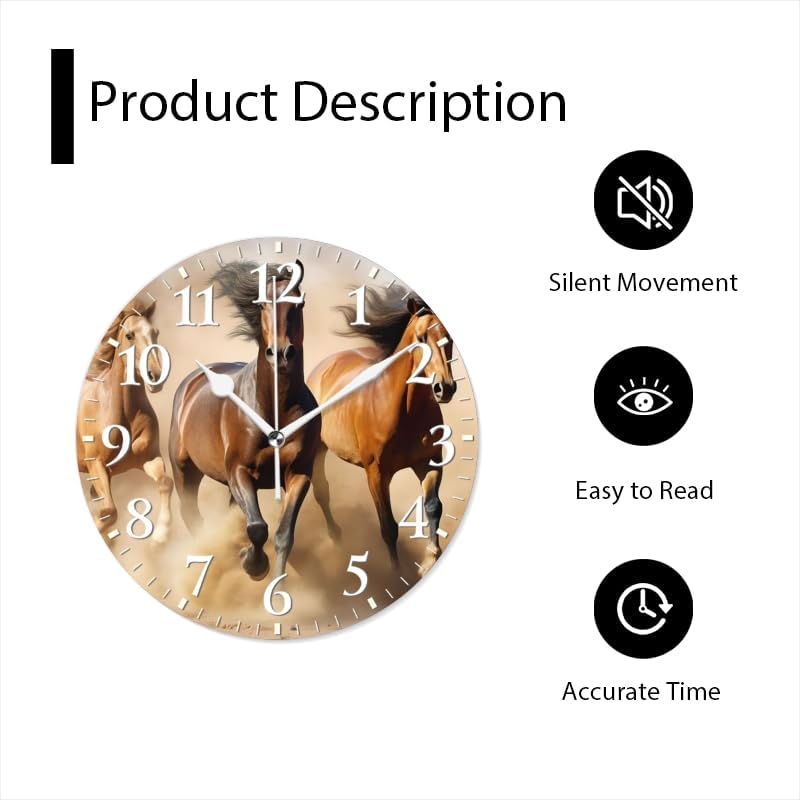 Horses Wall Clock Non-Ticking Silent Clocks Battery Operated Analog Decor Clock for Home-Horses Running Through The Desert Dust Flying(16inch)