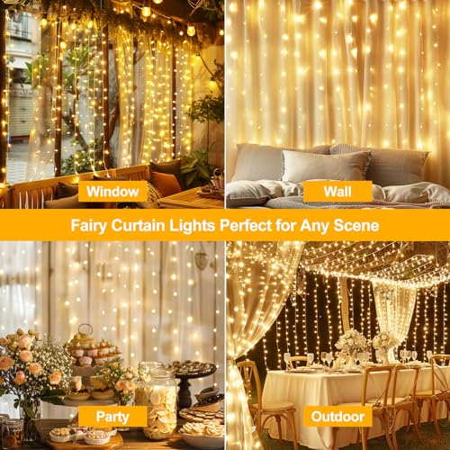 HOLITS Fairy Curtain Lights Upgraded Tangle-Free Warm White USB Plug in 8 Modes String Hanging Lights with Remote for Chri...