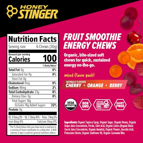 Honey Stinger Organic Fruit Smoothie Energy Chew, Gluten Free & Caffeine Free, for Exercise, Running and Performance, Spor...