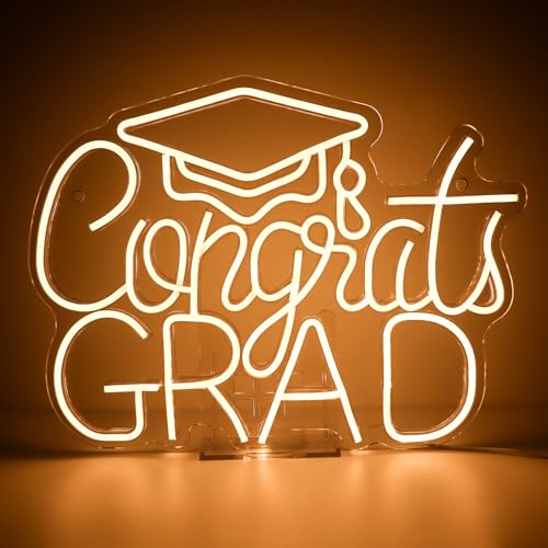 Congrats Grad LED Neon Sign, Graduation Party Decor, 16.5×12.6 Inch Warm White Grad Light Up Letters, Adjustable Congrats ...