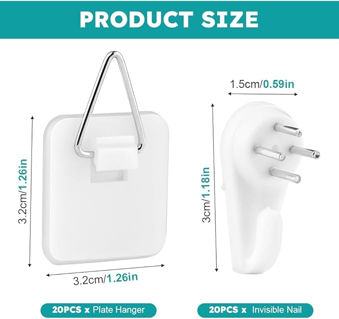 20 Pack Invisible Vertical Plate Holders, Plastic Picture Hanger Sticky Hanger, Adhesive Picture Hanger with Nail Picture Hanging Hooks for Decorative Picture Photo Plate Wall Art