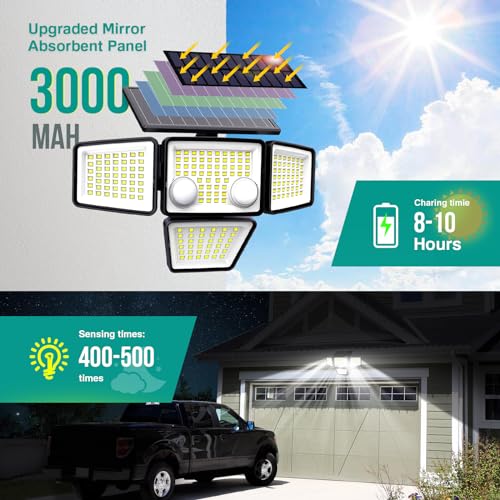 LYWALT Solar Outdoor Lights - 3000LM 188 LED Motion Sensor Outdoor Lights, 4 Heads Security Light,IP65 Waterproof, Easy In...