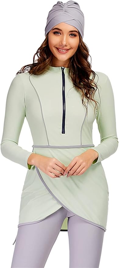 HOKFDC Women Full Covered Swimwear Modest Muslim Swimsuits 3 Pieces Islamic Long Sleeve Burkini with Swimming Cap