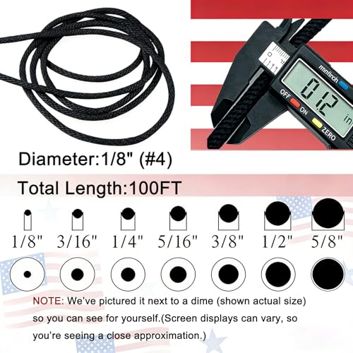 ANMOFLY Black Dacron Polyester Rope 1/8 Inch 100ft,High Density UV Resistant Braided Cord,Professional Grade for Marine,Ca...