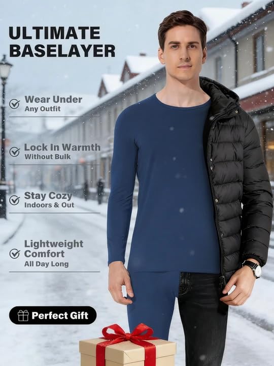 Arjen Kroos Men Thermal Underwear Set Cotton Lined Top and Bottom Set Lightweight Long Johns Warm Base Layer