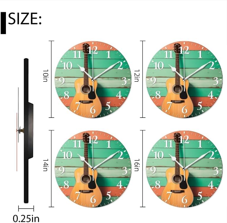 Guitar Wall Clock Non-Ticking Silent Clocks Battery Operated Analog Decor Clock for Home-Acoustic Guitar Leaning Against Wooden Wall(16inch)