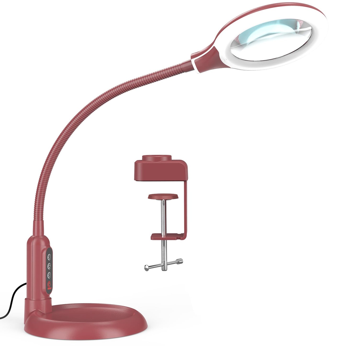TOMSOO 10X Magnifying Glass with Light, 5 Color Modes, Aluminum Clamp Stand, Flexible Gooseneck, Red, Model RKB41GTM