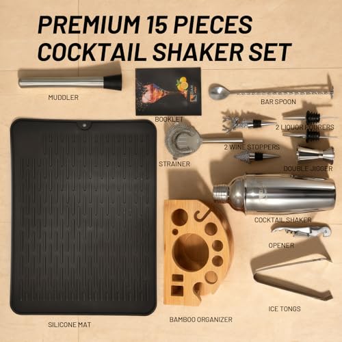 Silicone Pad Included Cocktail Shaker Set Bartender Kit,Mixology Bartender Kit 13-Piece with Bamboo Stand,Martini Shaker K...
