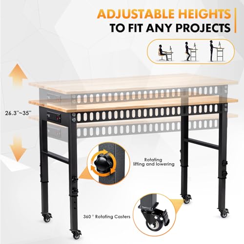 GVGBUK 48" Height Adjustable Workbench, 2000 LBS Load Capacity Rubber Wood Top Workstation, Heavy-Duty Hardwood Worktable ...