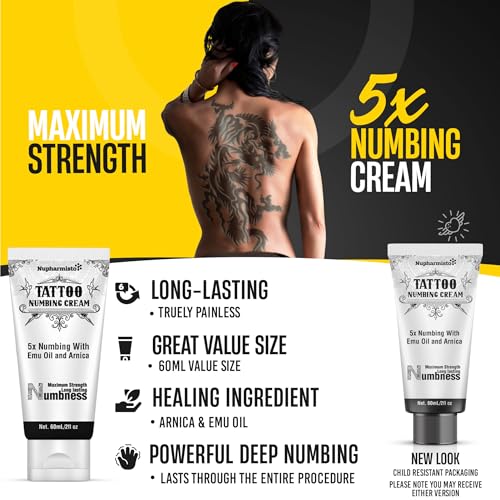 6 Hours Tattoo Numbing Cream (2oz/ 60ml), Maximum Strength Painless Tattoo Numbing Cream, Numbing Cream for Tattoos Extra Strength with 5x Numbing, Emu Oil and Arnica. 2oz/ 60ml